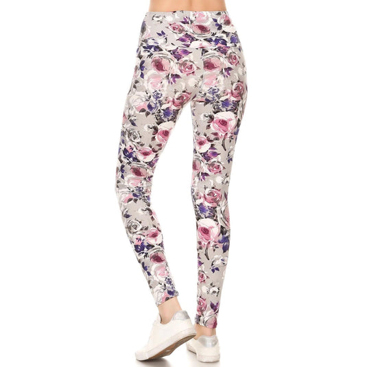 Back view of floral printed knit leggings, emphasizing the high-waist design and the comfortable, body-hugging fit for all-day wear.