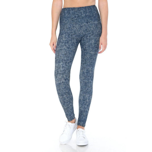 Front view of high-waist, multi-print blue knit leggings, perfect for yoga enthusiasts seeking comfort and style in their workout gear.