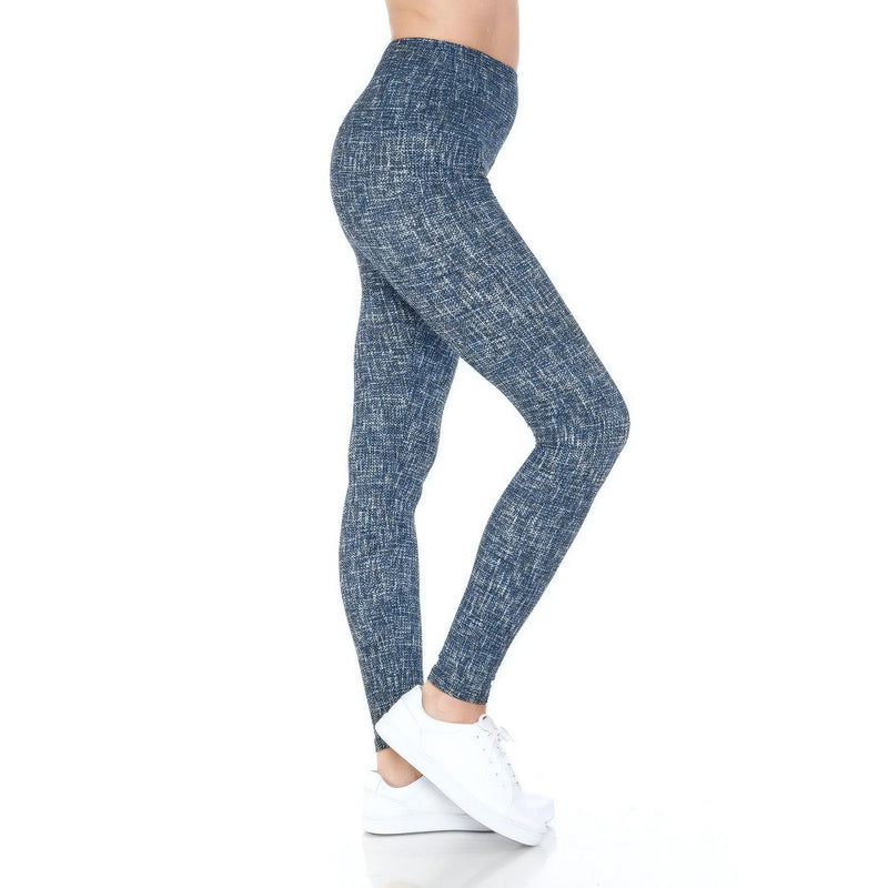Load image into Gallery viewer, Side view of blue multi-print leggings, highlighting the figure-flattering high waist and the intricate print for a fashionable workout outfit.
