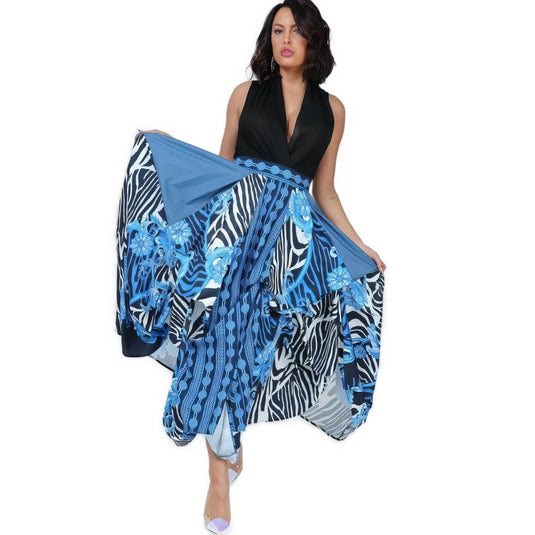 Frontal view of a flowy animal chain print maxi skirt in shades of blue and black, featuring a tacked waist for a flattering silhouette.