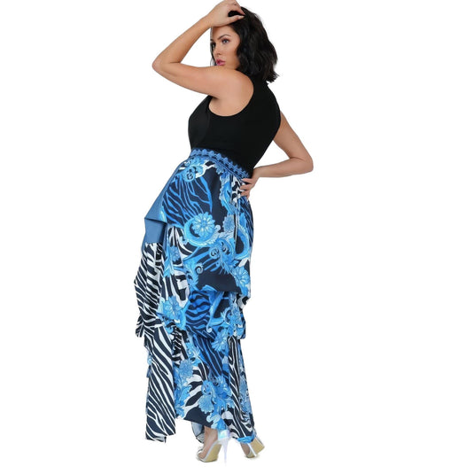 Side perspective of a stylish denim maxi skirt with an animal chain pattern, emphasizing the garment's length and flowy design.