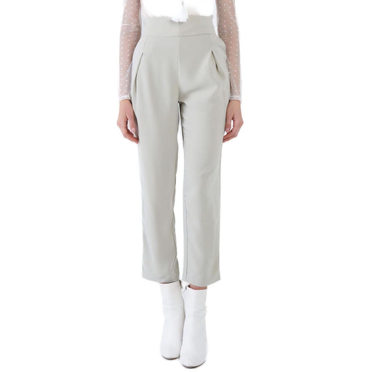 Full view of a pair of light gray ankle skinny dress pants with a sash tie, showcasing a clean and contemporary cut that pairs well with casual and dressy tops alike.
