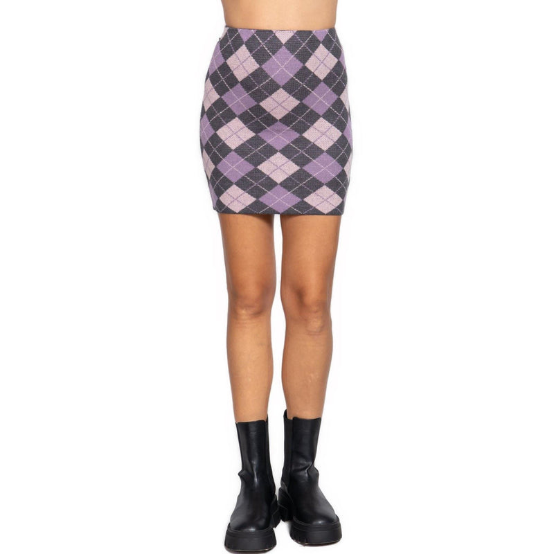 Load image into Gallery viewer, Front view of a Charcoal and Pink Argyle Jacquard Sweater Mini Skirt with a midriff-baring design, worn by a model with black ankle boots.
