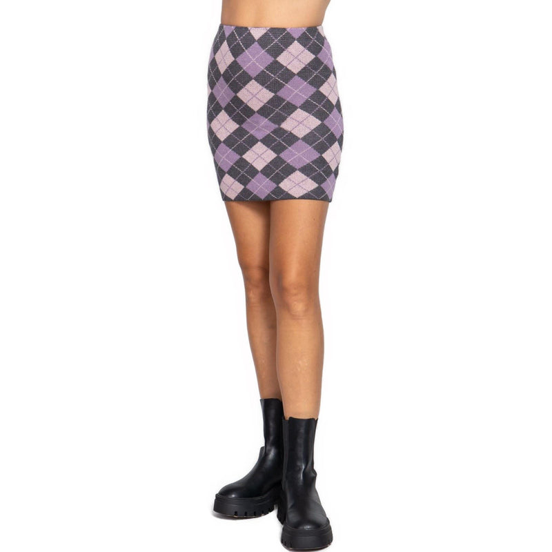 Load image into Gallery viewer, Side profile of a fitted Charcoal and Pink Argyle Jacquard Sweater Mini Skirt, highlighting the snug waistband and vibrant argyle pattern.
