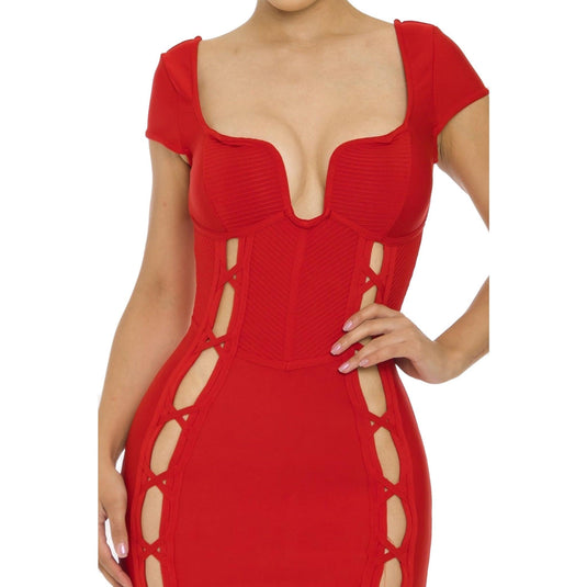 Close-up of a red Bandage Midi Bodycon Dress's upper section, displaying the intricate ribbed texture, wired neckline, and side cut-out lace-up details.