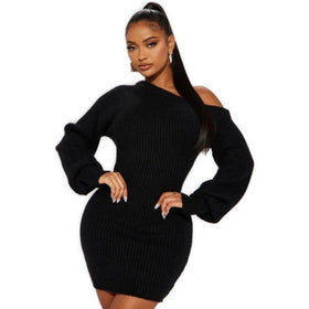 Black Sweater Knit Off-Shoulder Mini Dress with Puff Sleeves Shop Now at Rainy Day Deliveries