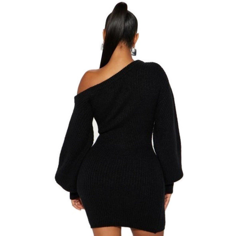 Load image into Gallery viewer, Black Sweater Knit Off-Shoulder Mini Dress with Puff Sleeves Shop Now at Rainy Day Deliveries
