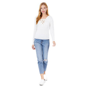 Chic Laced Allure V-Neck Sweater in White