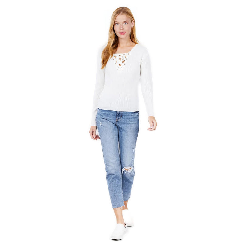 Load image into Gallery viewer, Chic Laced Allure V-Neck Sweater in White
