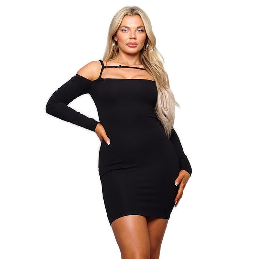 Chic Cold Shoulder Long Sleeve Mini Dress with Front Strap Detail Shop Now at Rainy Day Deliveries