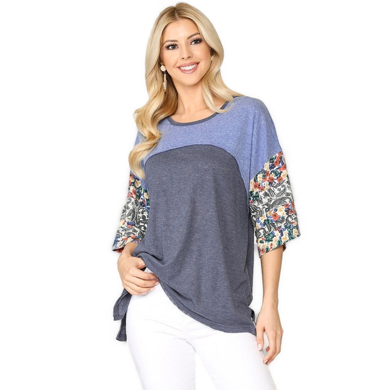 Load image into Gallery viewer, Denim Mix Floral Dolman Top Front
