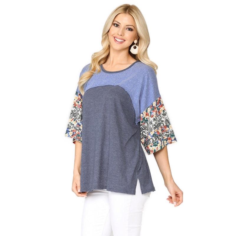 Load image into Gallery viewer, Denim Mix Floral Dolman Top Side
