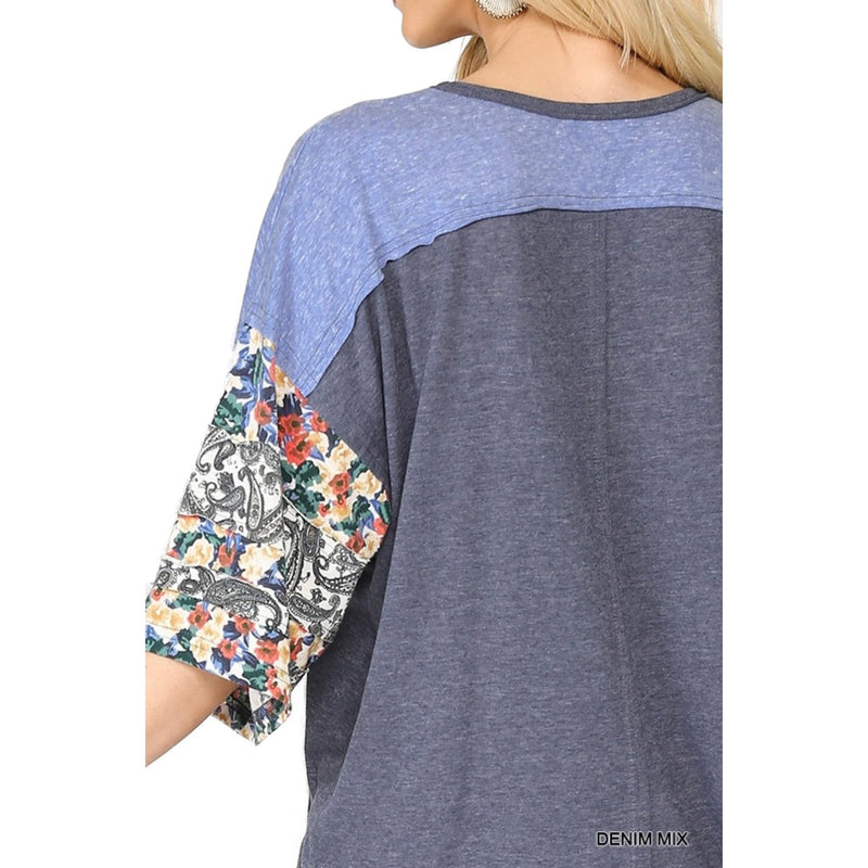 Load image into Gallery viewer, Denim Mix Floral Dolman Top Detail
