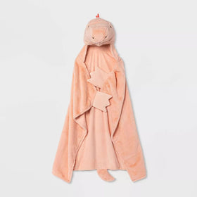 Child's pink dinosaur hooded blanket by Pillowfort™ with cozy faux fur, featuring a hood with a cute dino face, horn, and soft spikes for imaginative play and warm snuggles, ideal for kids' room decor.