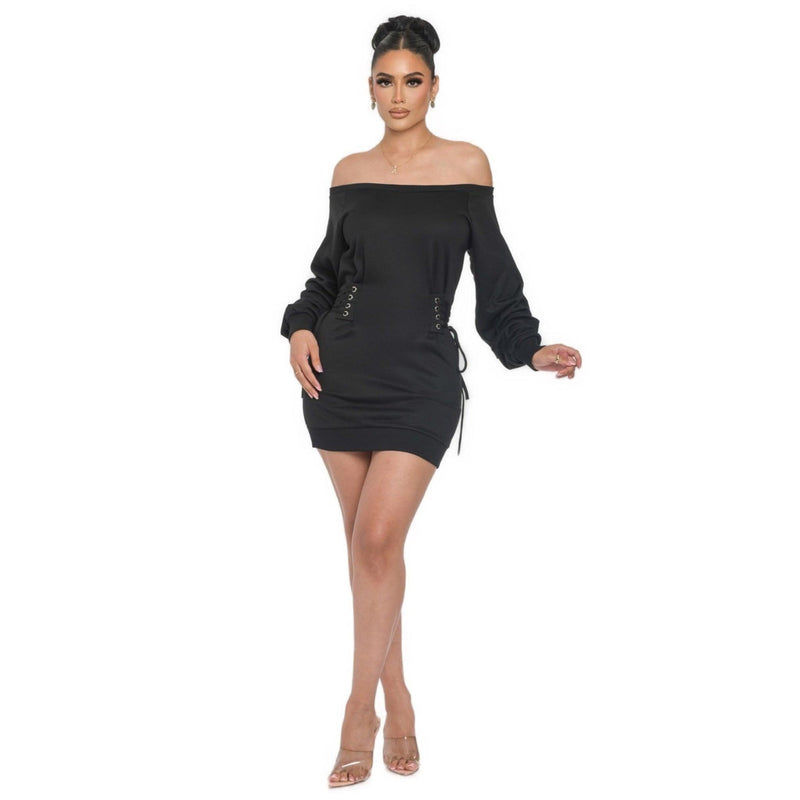 Load image into Gallery viewer, Off-Shoulder Mini Dress with Puff Sleeves &amp; Side Lace-Ups Shop Now at Rainy Day Deliveries
