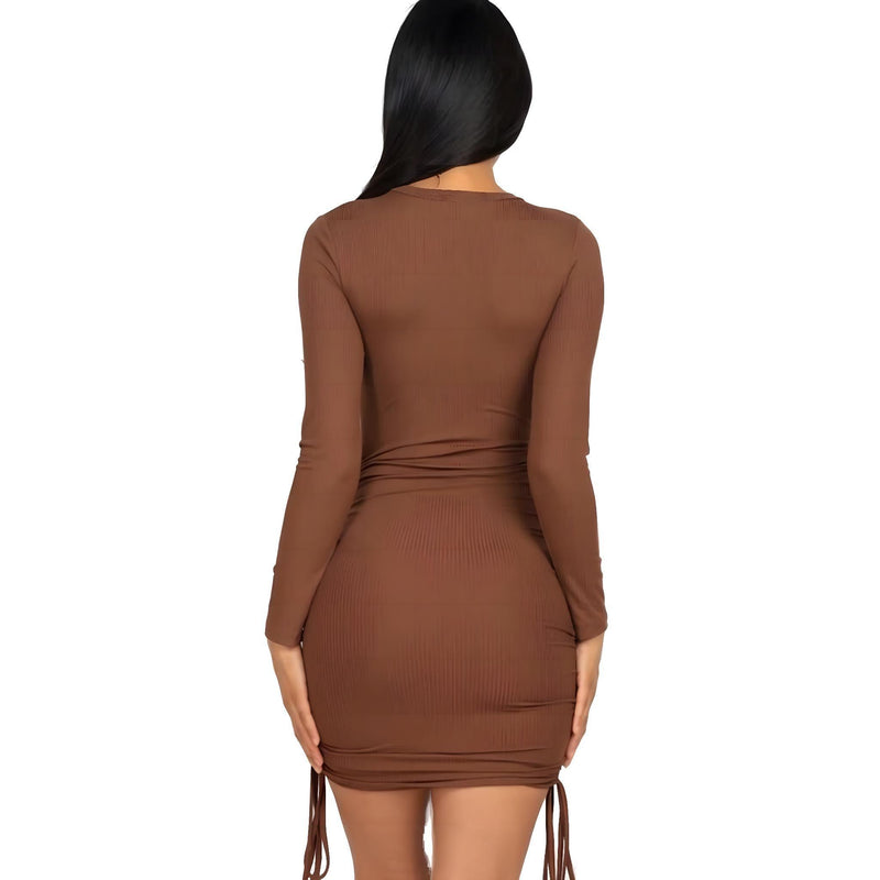 Load image into Gallery viewer, Soft &amp; Stretchy Ribbed Long Sleeve Drawstring Bodycon Mini Dress for Women Shop Now at Rainy Day Deliveries
