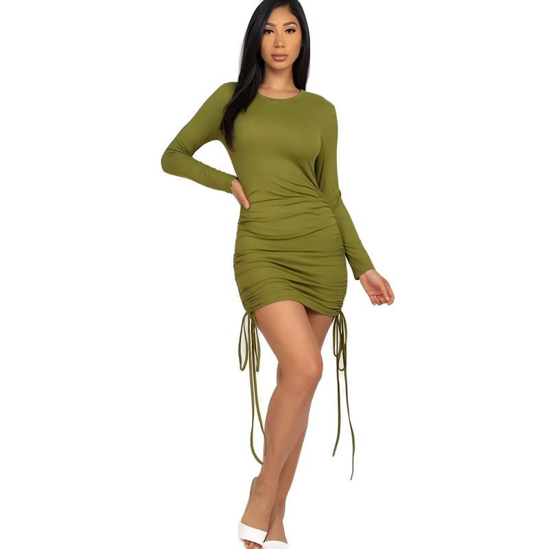 Load image into Gallery viewer, Soft &amp; Stretchy Ribbed Long Sleeve Drawstring Bodycon Mini Dress for Women Shop Now at Rainy Day Deliveries
