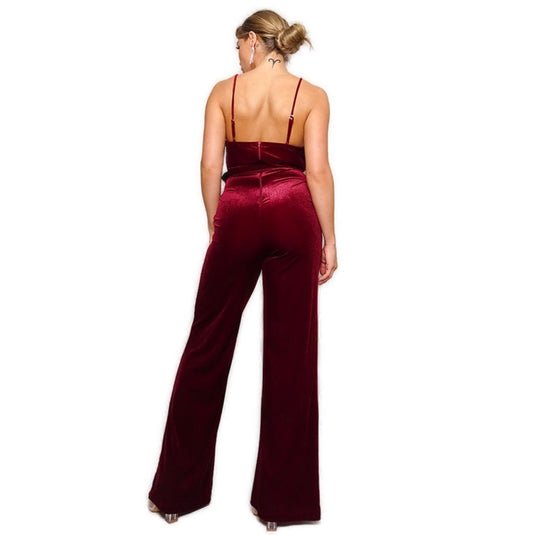 Samba Velvet Jumpsuit with Spaghetti Straps and Rhinestone Belt Buckle Shop Now at Rainy Day Deliveries
