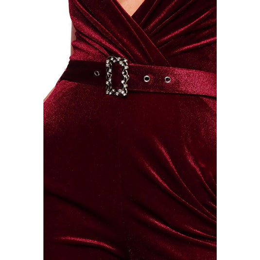 Samba Velvet Jumpsuit with Spaghetti Straps and Rhinestone Belt Buckle Shop Now at Rainy Day Deliveries