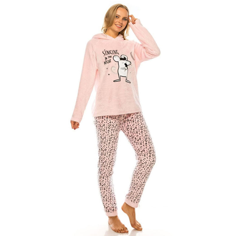 Load image into Gallery viewer, Front view of a smiling woman in a pink hooded pajama top with cute mouse ears and a whimsical mouse graphic, paired with leopard print pants. This cozy set captures a playful vibe perfect for lounging or a slumber party.
