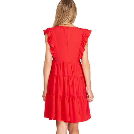 Back view of a chic sleeveless, red dress with tiered ruffles, adding a pop of color to your summer fashion collection.