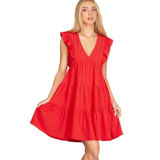 Front view showing a sleeveless, crimson red dress with a graceful V-neck and ruffles, ideal for summer events.