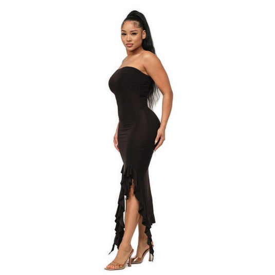 Solid Bottom Ruffle Trim Hem Slit Tube Maxi Dress Shop Now at Rainy Day Deliveries