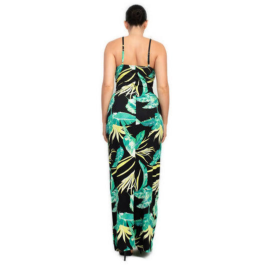 Back view of a black bodycon maxi dress with a tropical print, emphasizing the slim fit and summer vibe.