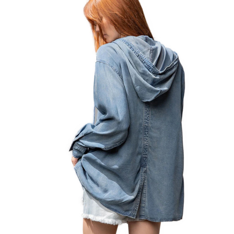 Load image into Gallery viewer, Washed Denim Hooded Shirt Jacket Back

