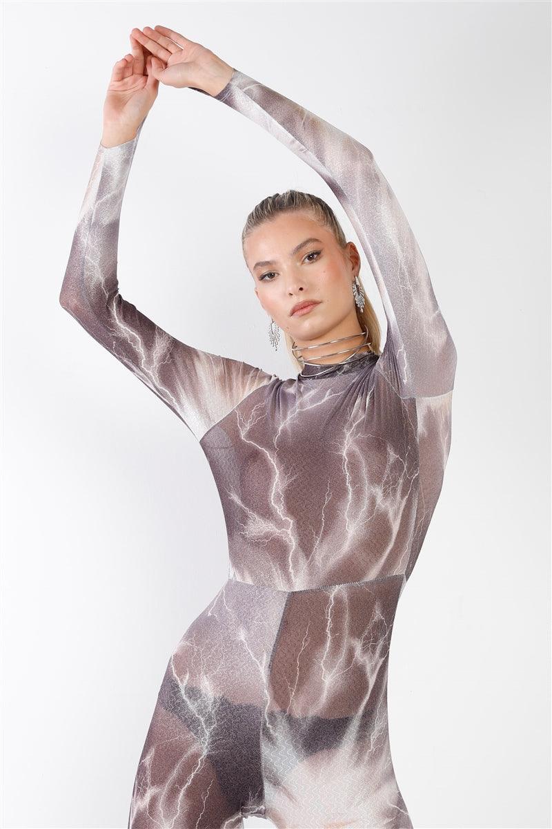 Load image into Gallery viewer, Purple-Grey Lightning Print Mock Neck Catsuit with Finger Loops Shop Now at Rainy Day Deliveries

