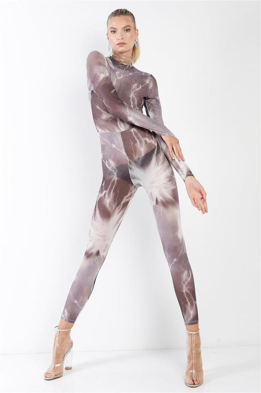 Purple-Grey Lightning Print Mock Neck Catsuit with Finger Loops Shop Now at Rainy Day Deliveries