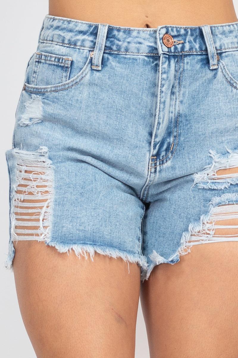 Load image into Gallery viewer, Light Wash Ripped &amp; Frayed Denim Shorts Shop Now at Rainy Day Deliveries
