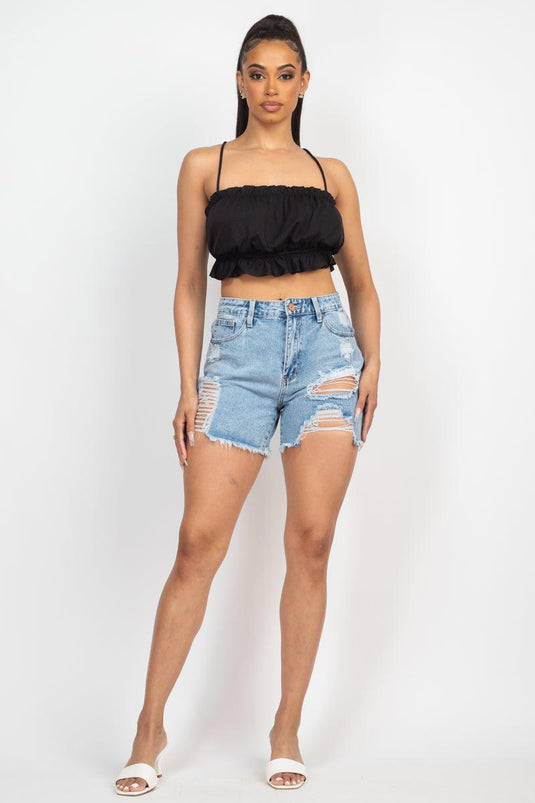 Light Wash Ripped & Frayed Denim Shorts Shop Now at Rainy Day Deliveries