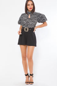 White/Black Woven Print Top Fashion Romper with Keyhole and Belt Detail Shop Now at Rainy Day Deliveries