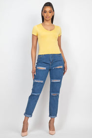 Three-Line Ripped Rolled Hem Denim Jeans Shop Now at Rainy Day Deliveries