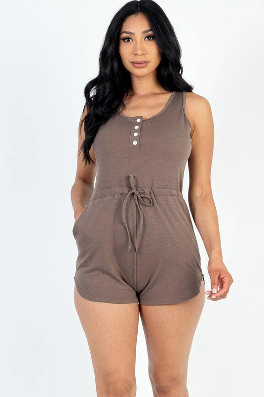 Sleeveless Drawstring Waist Button Tank Romper in Stretch French Terry Shop Now at Rainy Day Deliveries