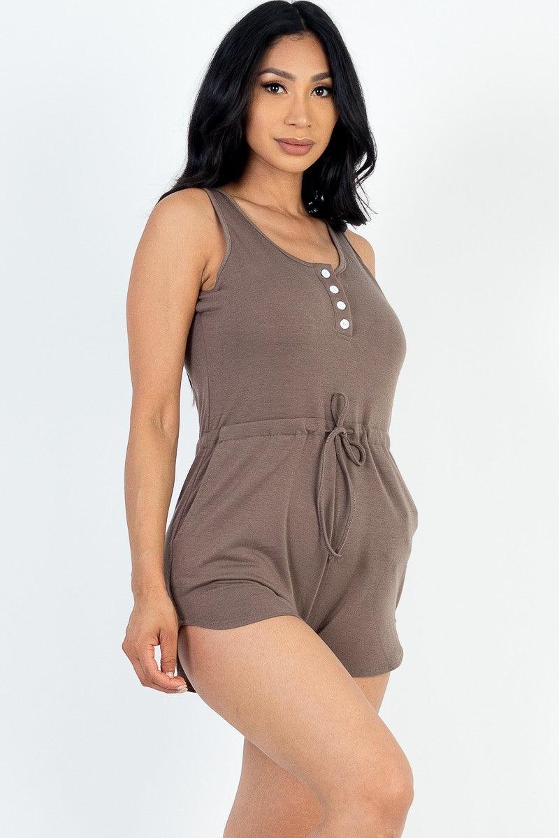Load image into Gallery viewer, Sleeveless Drawstring Waist Button Tank Romper in Stretch French Terry Shop Now at Rainy Day Deliveries
