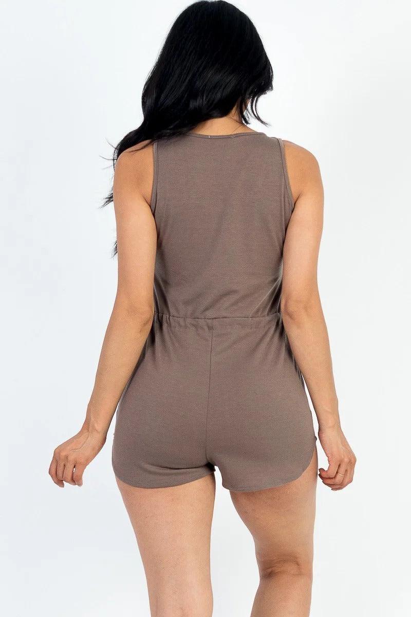 Load image into Gallery viewer, Sleeveless Drawstring Waist Button Tank Romper in Stretch French Terry Shop Now at Rainy Day Deliveries
