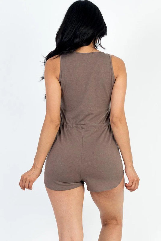 Sleeveless Drawstring Waist Button Tank Romper in Stretch French Terry Shop Now at Rainy Day Deliveries
