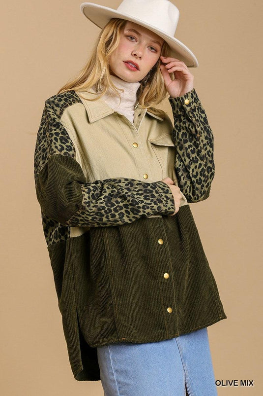 Olive Mix Mineral Wash Color Block Jacket with Leopard Print Shop Now at Rainy Day Deliveries