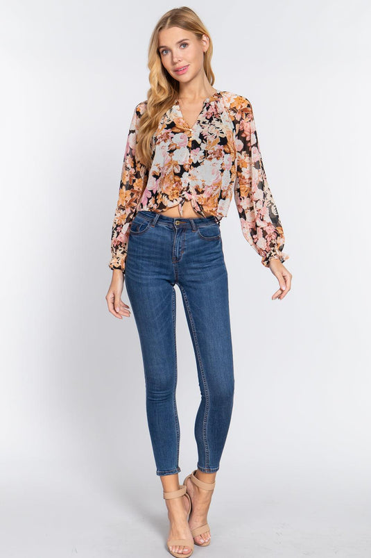 Floral Fantasy: Front Tie Woven Blouse Shop Now at Rainy Day Deliveries
