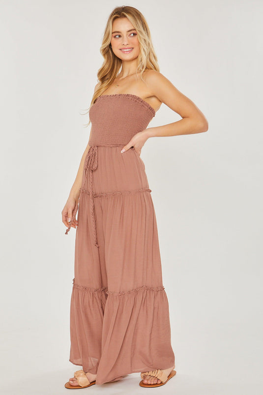 Sleeveless Woven Solid Smocked Ruffle Jumpsuit Shop Now at Rainy Day Deliveries