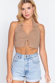 Halter Neck Front Ruched Detail Crop Sweater Knit Top Shop Now at Rainy Day Deliveries