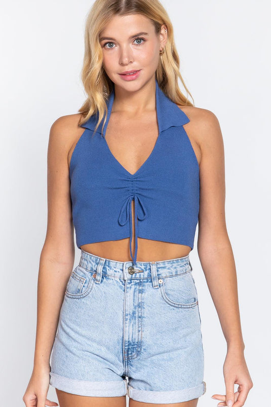 Halter Neck Front Ruched Detail Crop Sweater Knit Top Shop Now at Rainy Day Deliveries