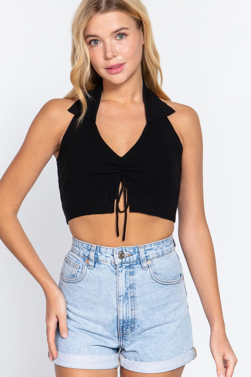 Load image into Gallery viewer, Halter Neck Front Ruched Detail Crop Sweater Knit Top Shop Now at Rainy Day Deliveries
