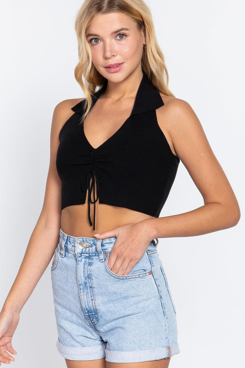 Load image into Gallery viewer, Halter Neck Front Ruched Detail Crop Sweater Knit Top Shop Now at Rainy Day Deliveries
