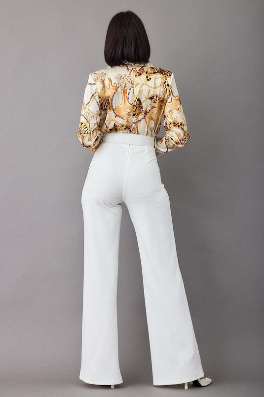 Print Top Detailed Fashion Jumpsuit in White with Collar and Belt Shop Now at Rainy Day Deliveries