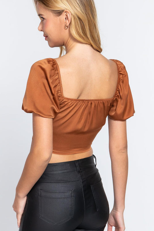 Short Sleeve Sweetheart Neck Satin Crop Top Shop Now at Rainy Day Deliveries