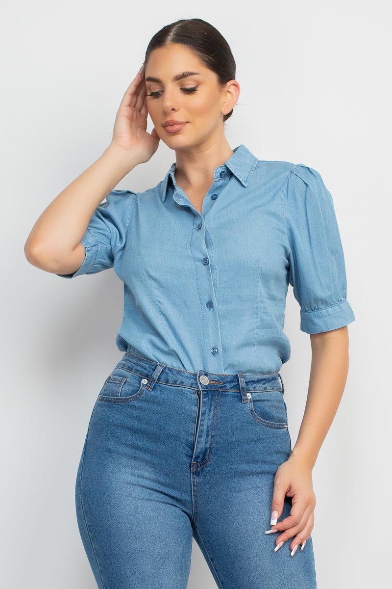 Load image into Gallery viewer, Light Denim Cuffed 3/4 Sleeve Shirt Shop Now at Rainy Day Deliveries
