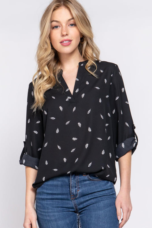 Feather Print V-Neck Blouse with Roll-Up Sleeves Shop Now at Rainy Day Deliveries